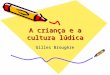 A criança e a cultura lúdica Gilles Brougère. 1 - Introdução Toda uma escola de pensamento (RICHTER e HOFFMANN) vê no brincar o espaço da criação cultural