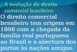 O direito comercial brasileiro tem origem em 1808 com a chegada da família real portuguesa ao Brasil e a abertura dos portos às nações amigas