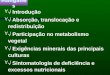 Introdução Absorção, translocação e redistribuição Participação no metabolismo vegetal Exigências minerais das principais culturas Sintomatologia de deficiência