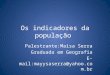 Os indicadores da população Palestrante:Maisa Serra Graduada em Geografia E-mail:mayysaserra@yahoo.com.br