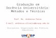 Graduação em Docência Universitária: Métodos e Técnicas Prof. Ms. Andressa Paiva E-mail: andressa.oliveira@unasp.edu.br Disciplina: Organização das Práticas