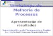 WORKSHOPS DE MELHORIA DE PROCESSOS MINISTÉRIO PÚBLICO DE GOIÁS Workshops de Melhoria de Processos Apresentação de resultados Superintendência de Planejamento