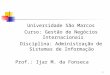 1 Universidade São Marcos Curso: Gestão de Negócios Internacionais Disciplina: Administração de Sistemas de Informação Prof.: Ijar M. da Fonseca
