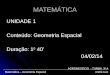 MATEMÁTICA UNIDADE 1 Conteúdo: Geometria Espacial Duração: 1 0 40’ 04/02/14 04/02/14 Matemática – Geometria Espacial André Luiz AGRONEGÓCIO - TURMA 3º