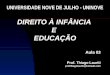 DIREITO À INFÂNCIA EEDUCAÇÃO Aula 03 Prof. Thiago Lauriti profthiagolauriti@hotmail.com UNIVERSIDADE NOVE DE JULHO - UNINOVE
