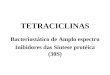 TETRACICLINAS Bacteriostático de Amplo espectro Inibidores das Síntese protéica (30S)