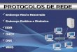 Endereço Real e Reservado Endereço Estático e Dinâmico CIDR DHCP DNS WINS PROTOCOLOS DE REDE
