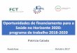 Oportunidades de financiamento para a Saúde no Horizonte 2020 · Oportunidades de financiamento para a Saúde no Horizonte 2020: programa de trabalho 2018-2020 Roadshow Outubro 2017