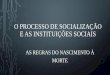 O PROCESSO DE SOCIALIZAÇÃO E AS INSTITUIÇÕES SOCIAIS · •Fazem parte das características das instituições sociais: •Finalidade: satisfação das necessidades sociais; •Conteúdo