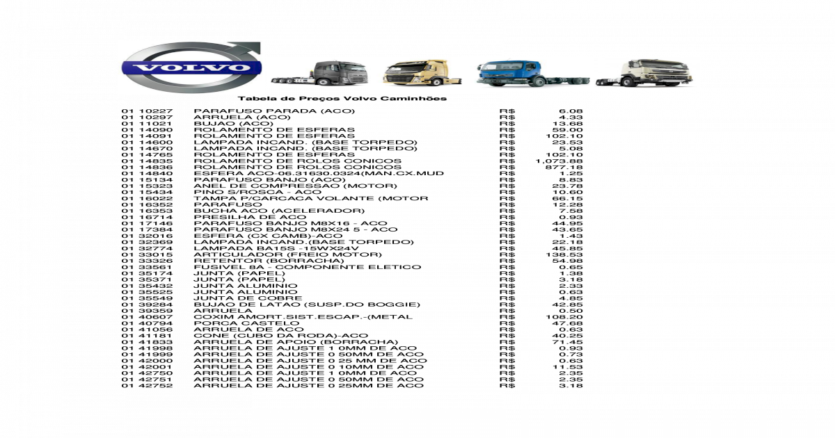 Tabela de Preços Volvo Caminhões Tabela... · 01 65055